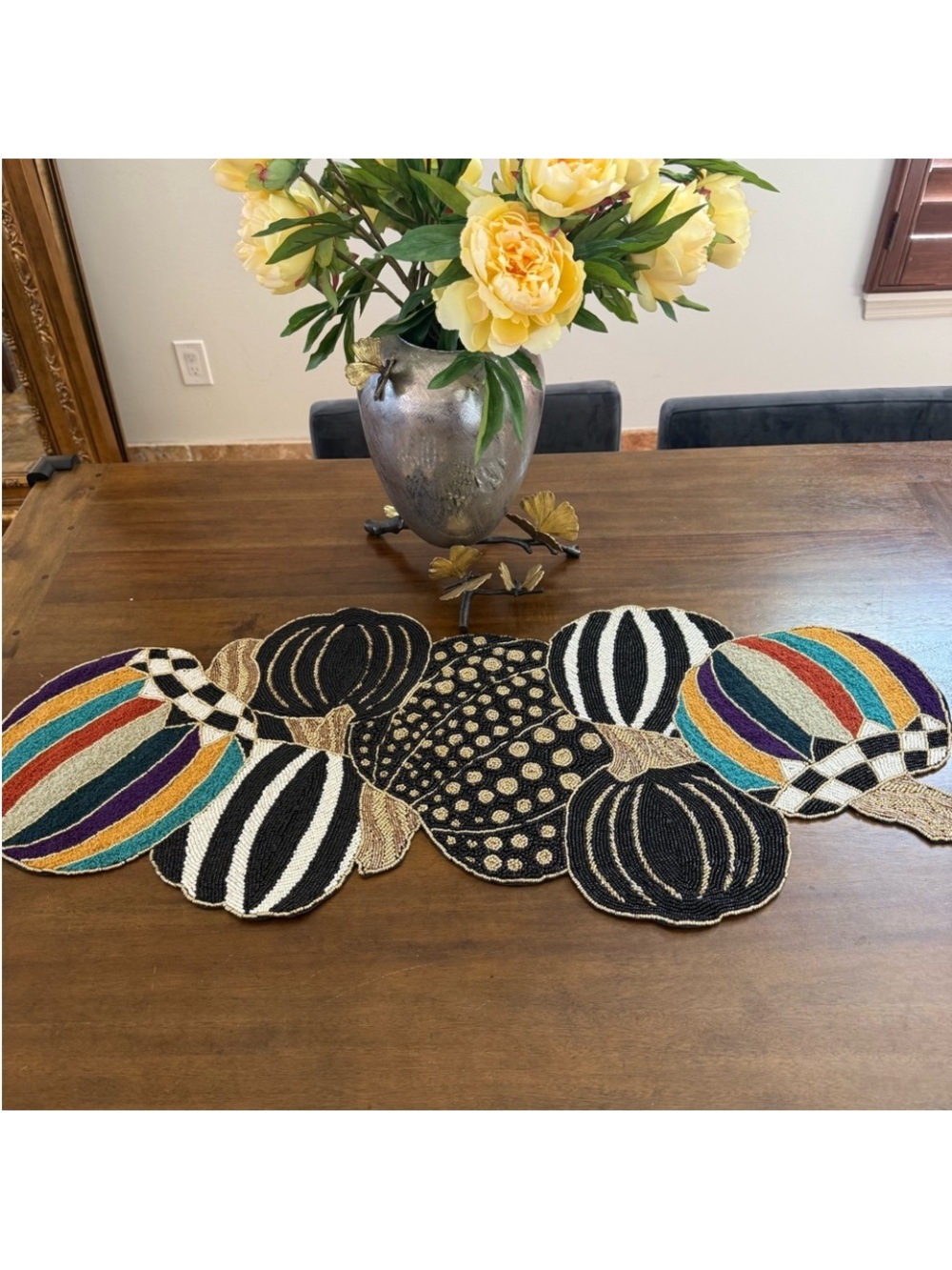 MacKenzie-Childs Black, Cream & Multicolor Pumpkin Table Runner